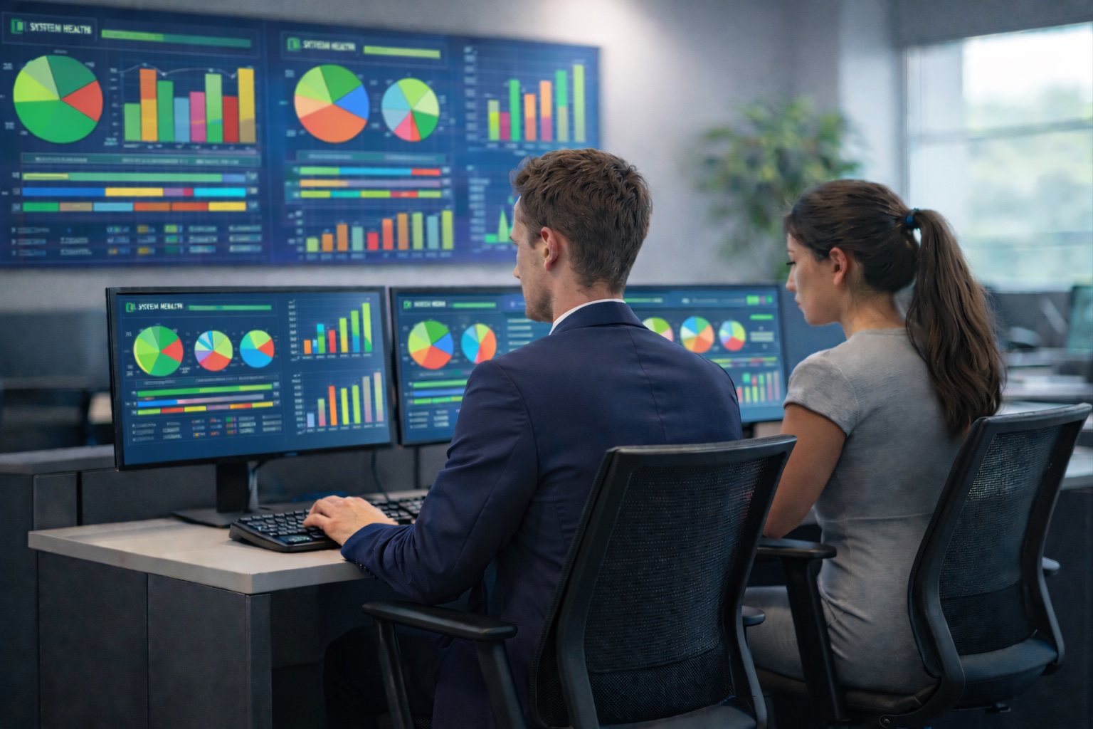 Security analysts monitoring system health dashboards in a modern operations center.